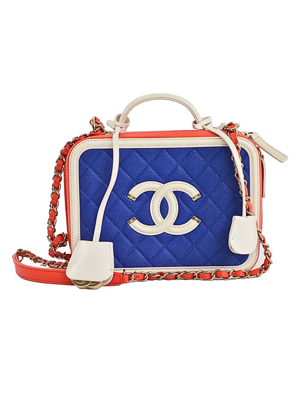 Chanel Blue Red White CC Filigree Vanity Case Quilted Caviar Small Bag
